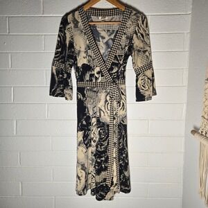 Vtg Jersey Talbots Faux Wrap Dress 8 Black Cream Floral Houndstooth Gingham Midi